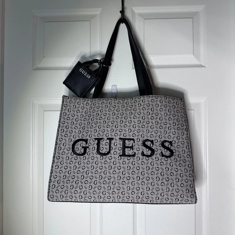 GUESS Tote Bag‎ G Logo Print Black Straps With Matching Pouch